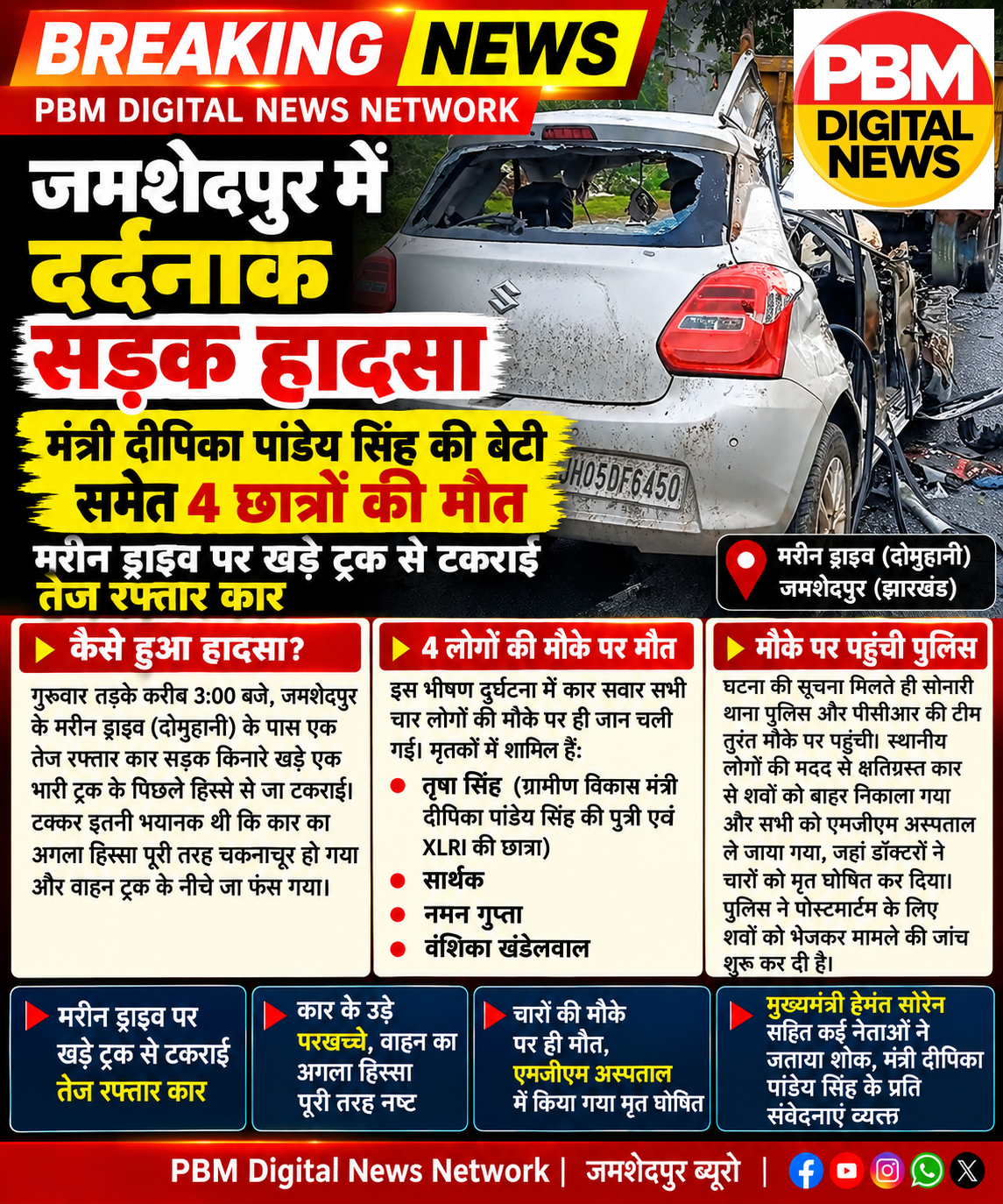 🕹*BREAKING NEWS।जमशेदपुर में दर्दनाक सड़क हादसा: मंत्री दीपिका पांडेय सिंह की बेटी समेत 4 छात्रों की मौत, मरीन ड्राइव पर खड़े ट्रक से टकराई तेज रफ्तार कार*
