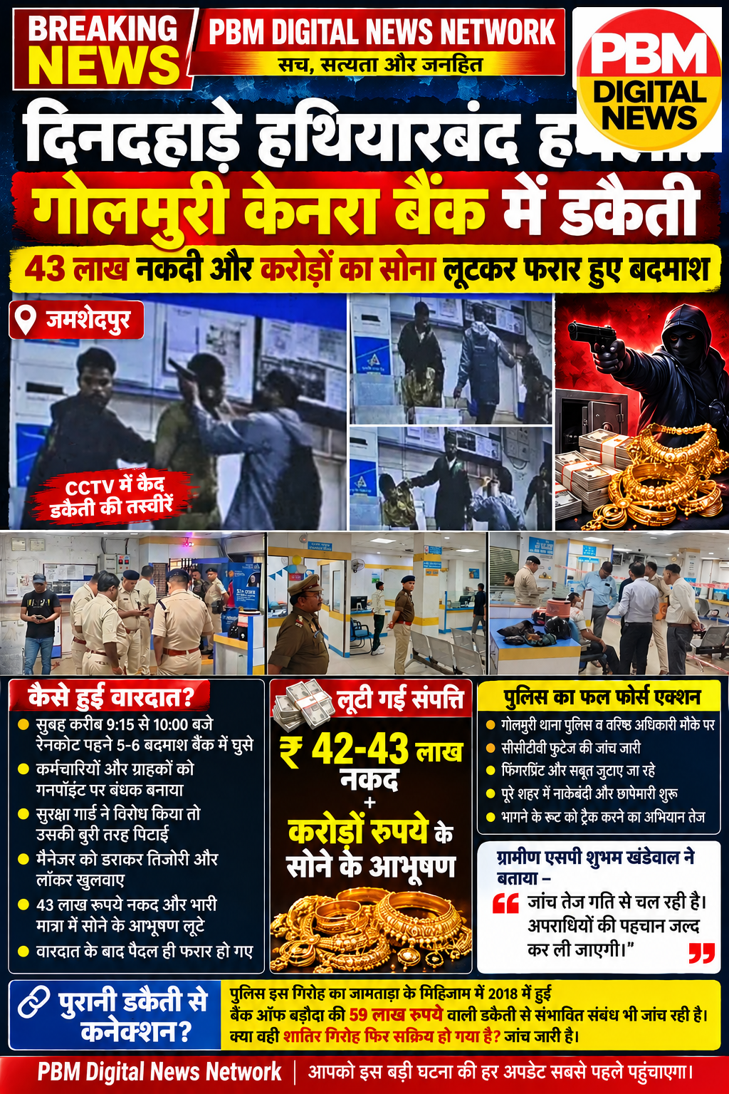 🚨*जमशेदपुर: हथियारबंद हमला! गोलमुरी केनरा बैंक में डकैती, 43 लाख नकदी और करोड़ों का सोना लूटकर फरार हुए बदमाश*