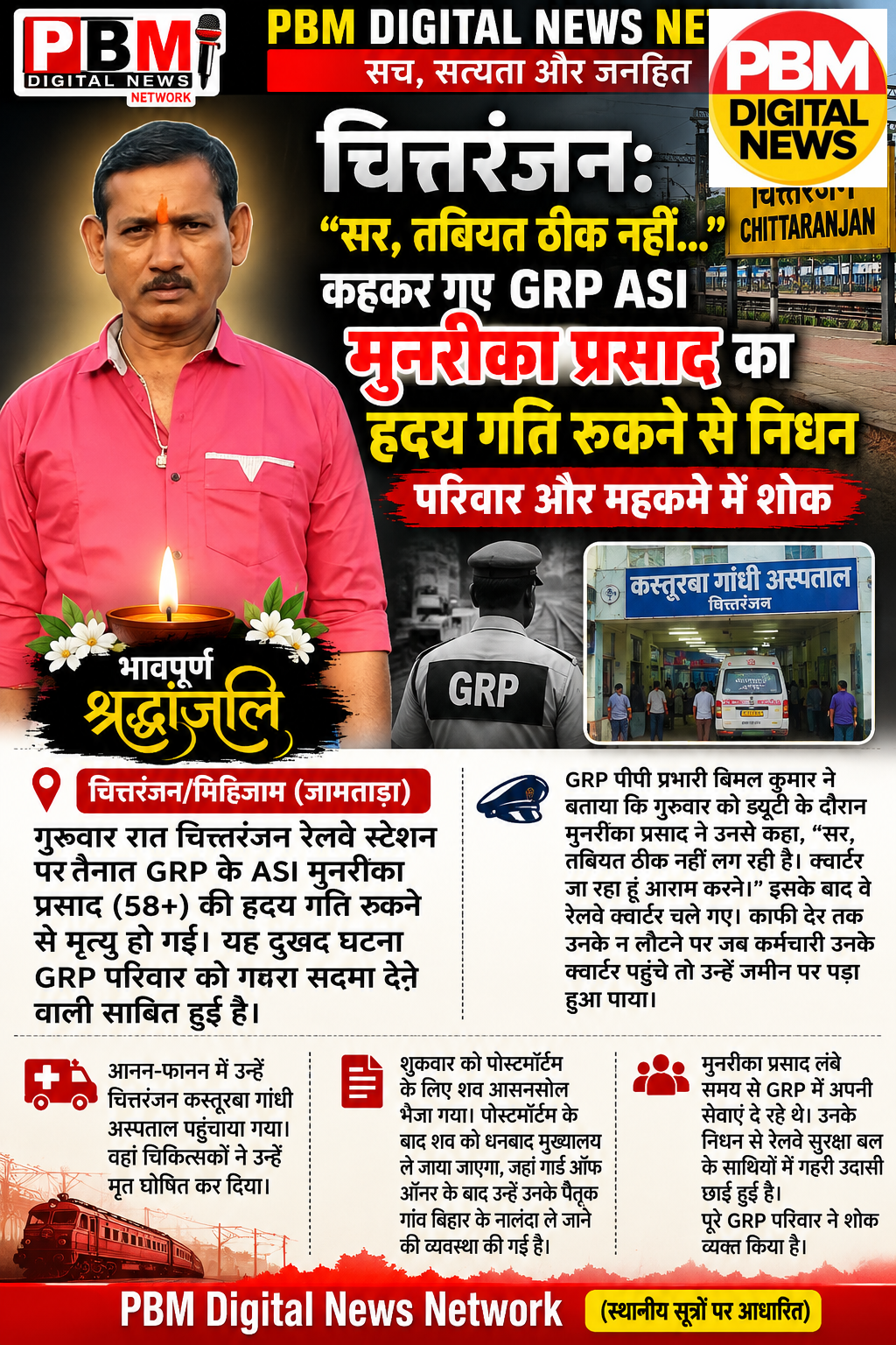 🚨*चित्तरंजन: “सर, तबियत ठीक नहीं…” कहकर गए GRP ASI मुनरीका प्रसाद का हृदय गति रुकने से निधन, परिवार और महकमे में शोक*