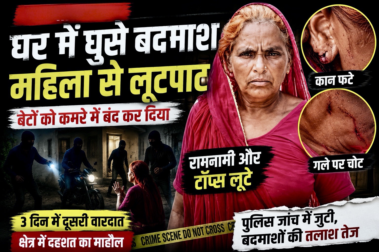 आधी रात घर में दबे पांव घुसे बदमाश, पहले बेटों को किया कैद… फिर महिला के कान फाड़कर लूट ले गए गहने