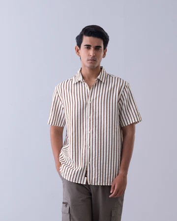 Beige Stripe Half Sleeve Shirt