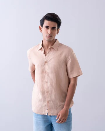 Peach Linen Half Sleeve Shirt