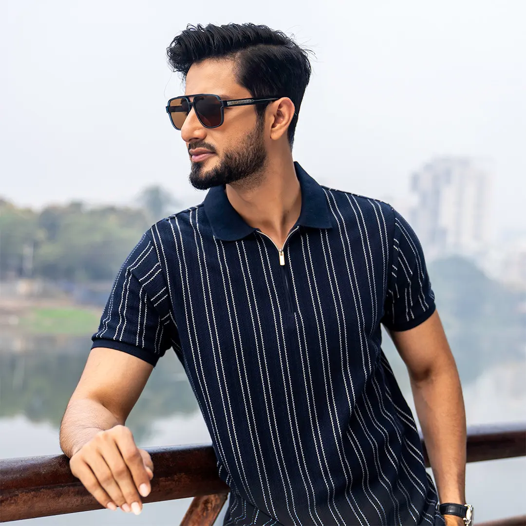 Navy Pinstripe Polo Shirt