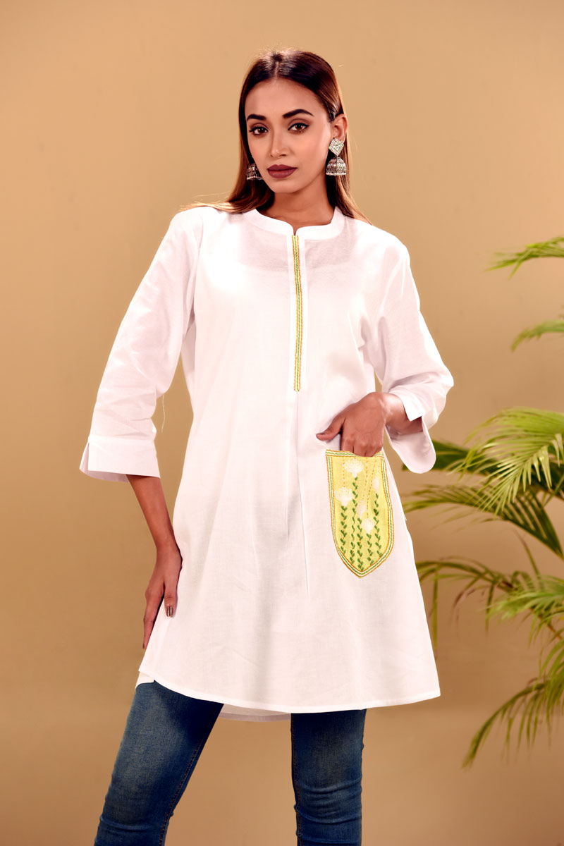 White Jacquard Cotton Hand Embroidered Top