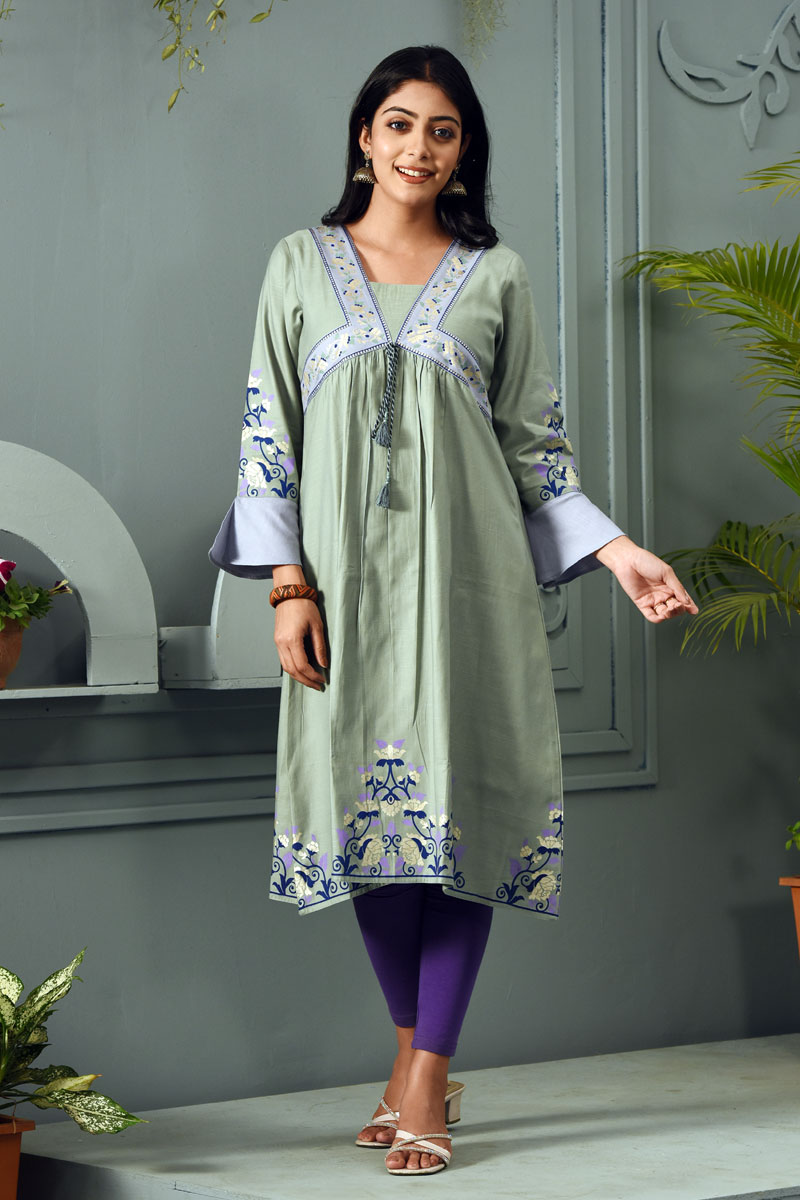 Sage Green Cotton Printed Kurti