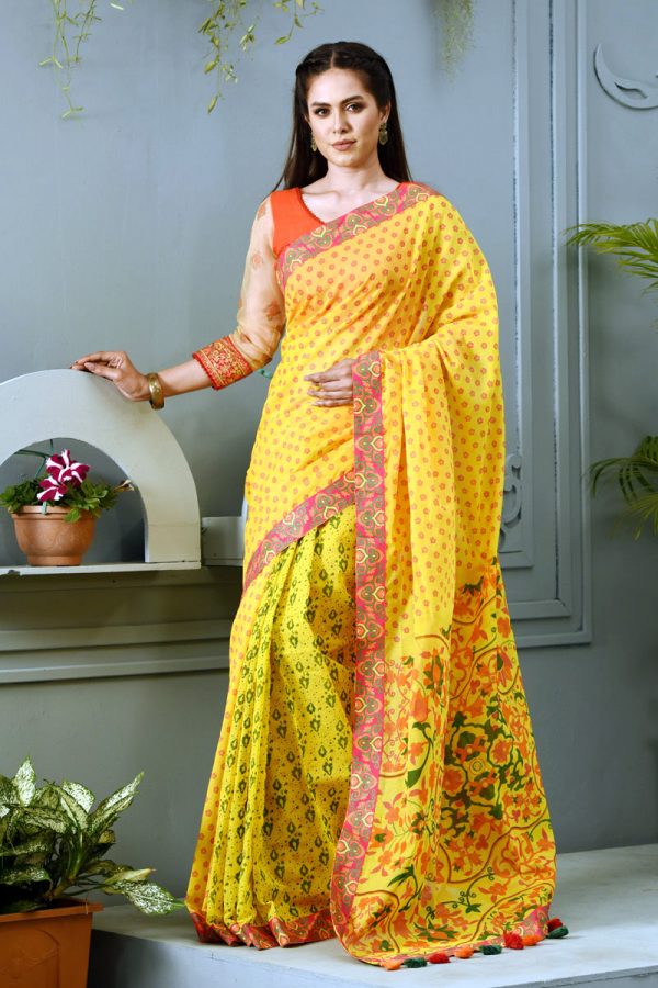 Yellow Printed Half Silk Saree