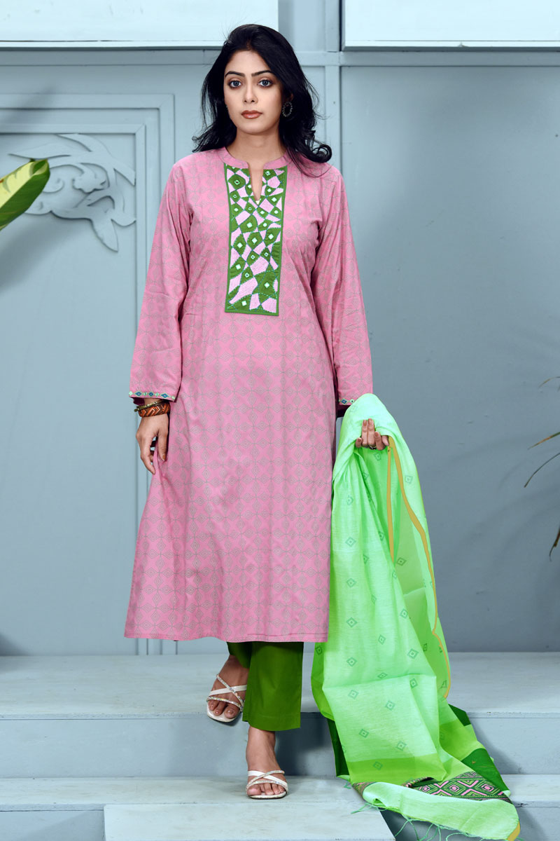 Mauve Pink Linen Printed & Embroidered Salwar Kameez Set