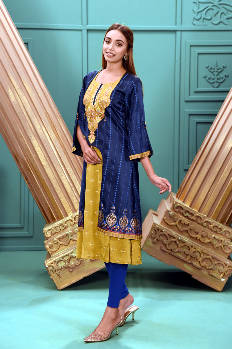 Navy Blue Georgette Printed & Embroidered Kurti