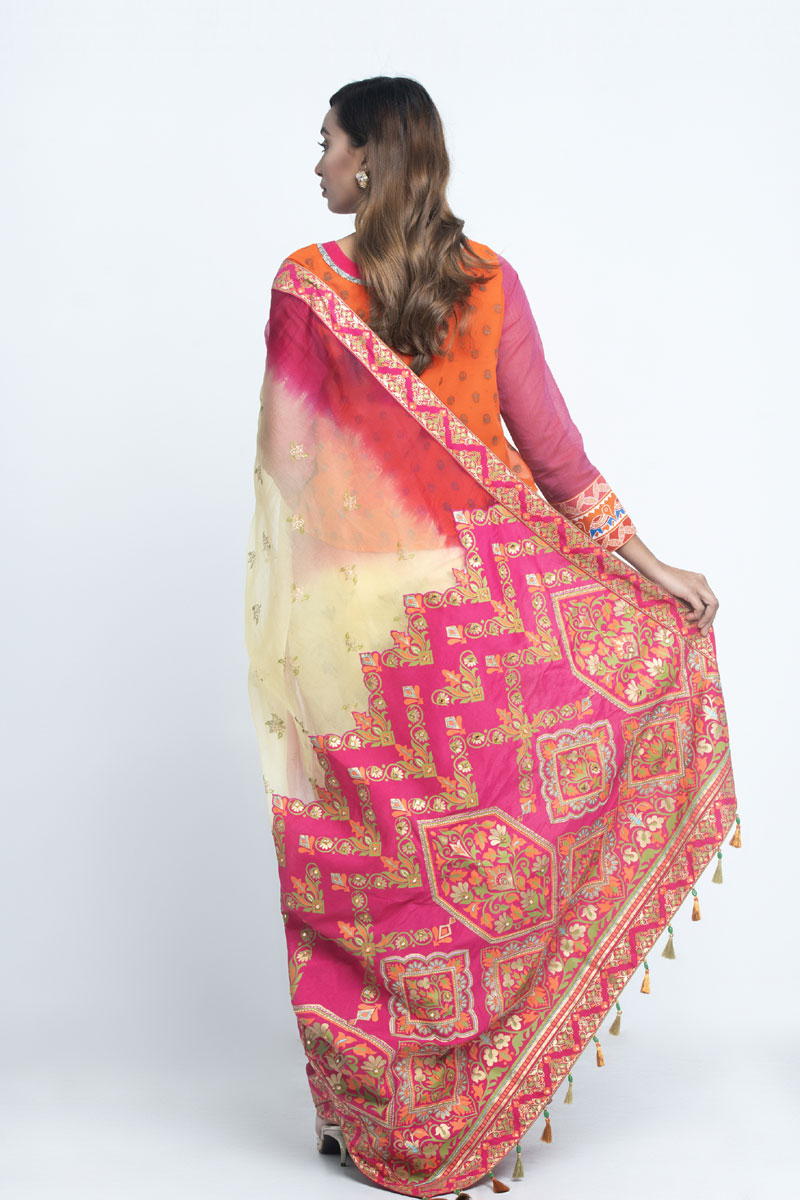 Pastel Yellow Organza Printed & Embroidered Saree