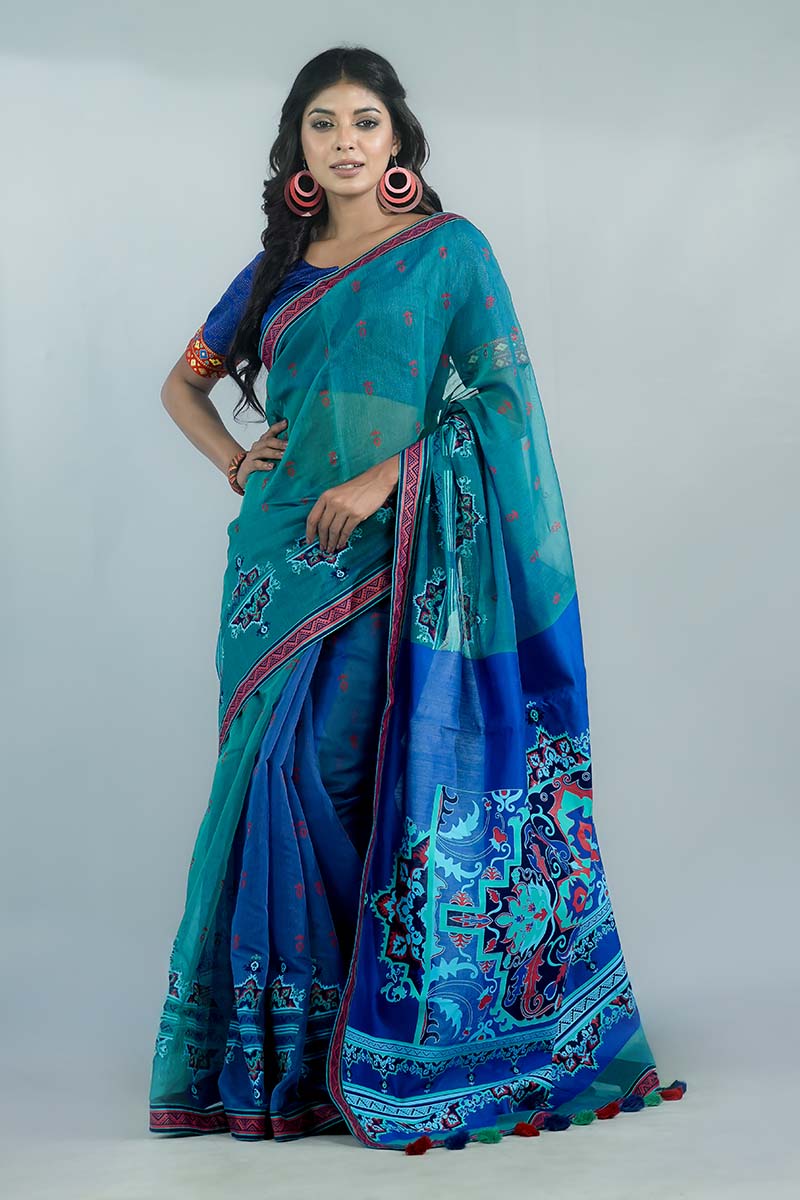 Teal Blue Half Silk Printed Saree