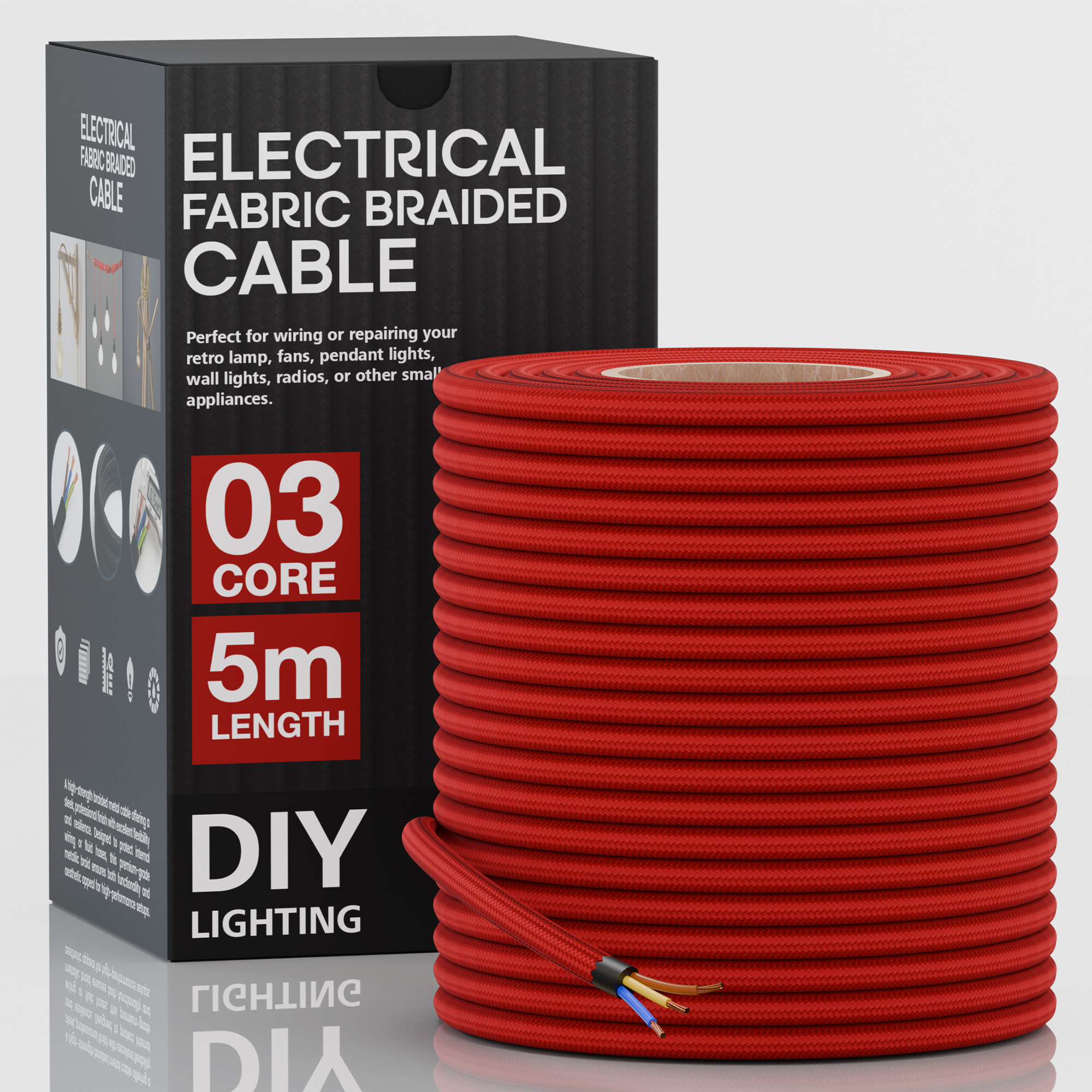 Electricalsone Textile Power Cable – 3-Core, 5m Long, Silk Effect Fabric, Hemp Color, 110-240V
