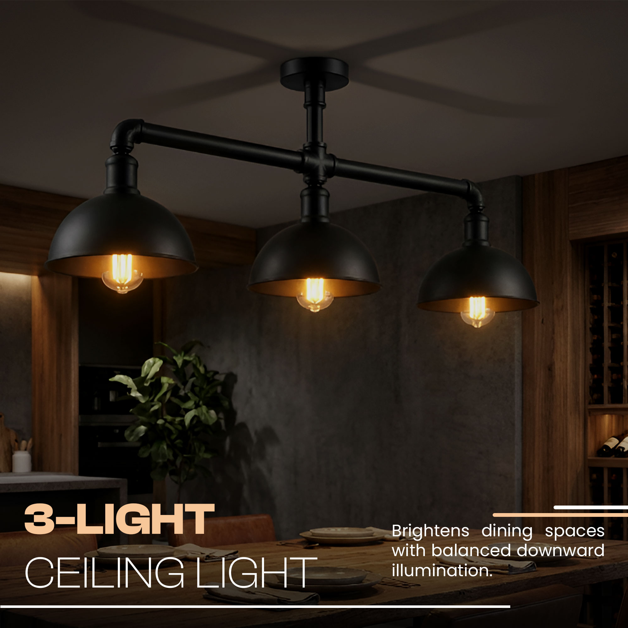 Industrial 3 Way Pipe Ceiling Light Fitting Steampunk Bar Black Lighting