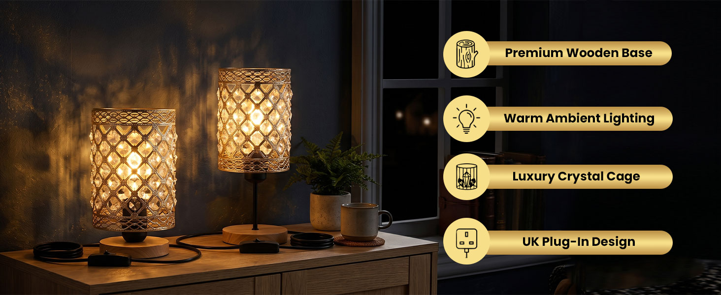 decor elegant bedside lamp with e27 bulb holder uk plug warm white ambient table lamp for nightstand luxury crystal table lamp for living room decor decorative bedside lamp with inline switch cable 