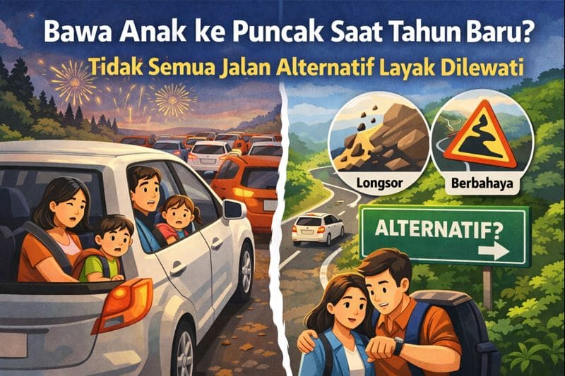 Bawa Anak ke Puncak Saat Tahun Baru? Tidak Semua Jalan Alternatif Layak Dilewati