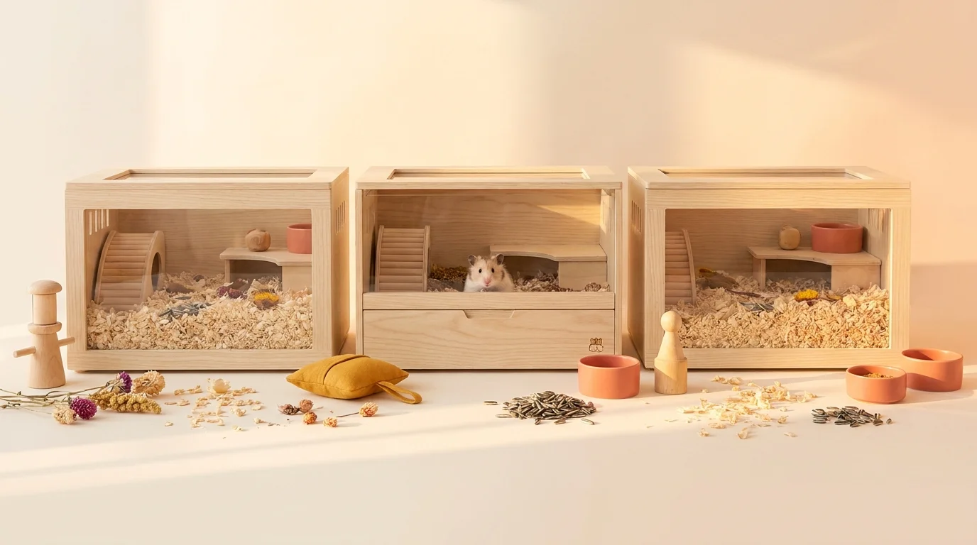 Three premium wooden hamster habitats with a hamster peeking out