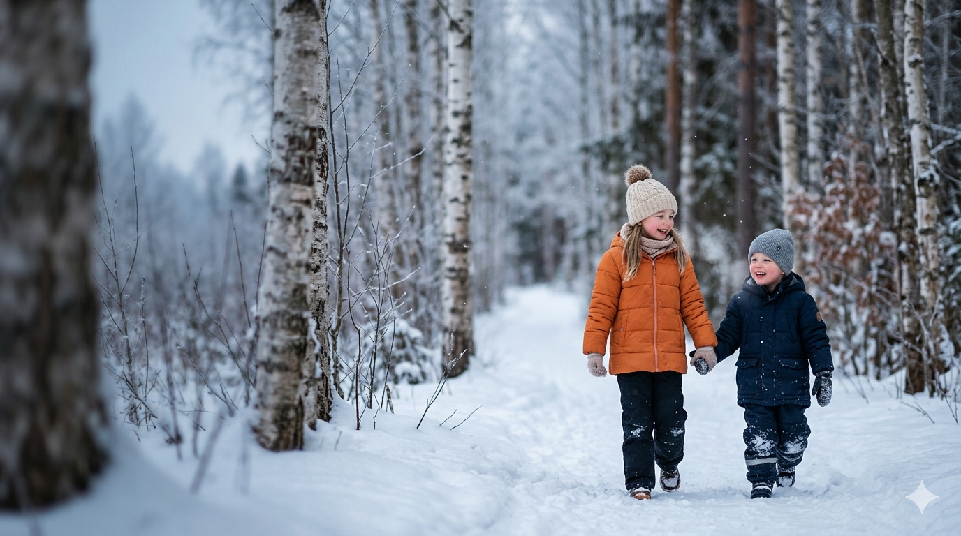 Girl in a warm rust puffer coat and knit beanie walking a snowy forest path
