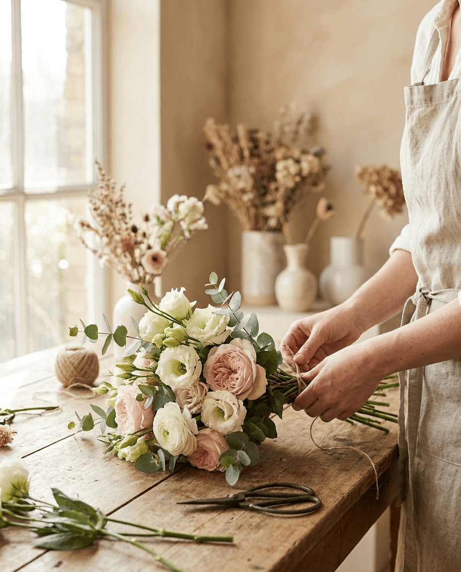 A florist hand-tying a fresh seasonal bouquet