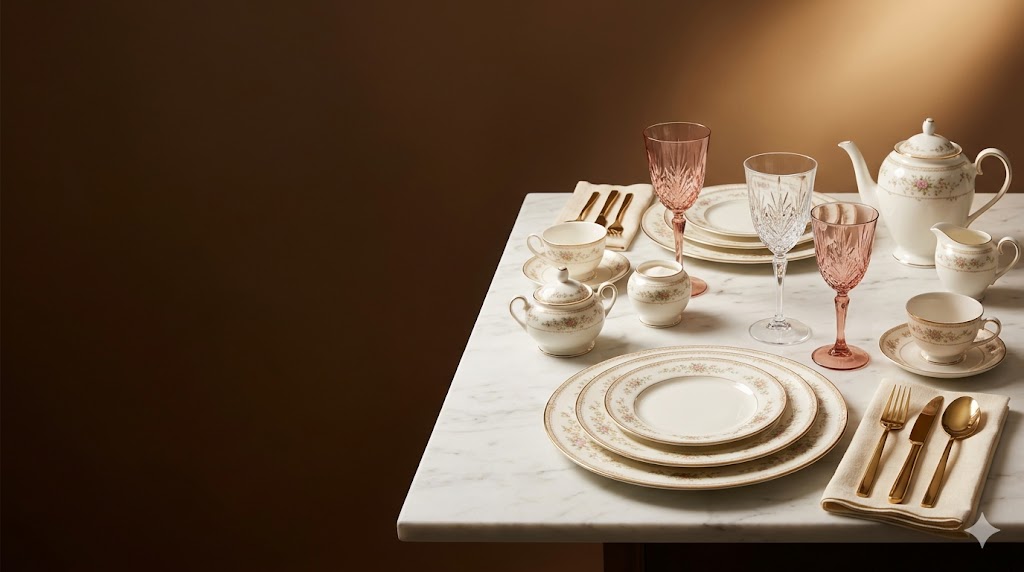 Homsette — premium tableware beautifully arranged on a linen table