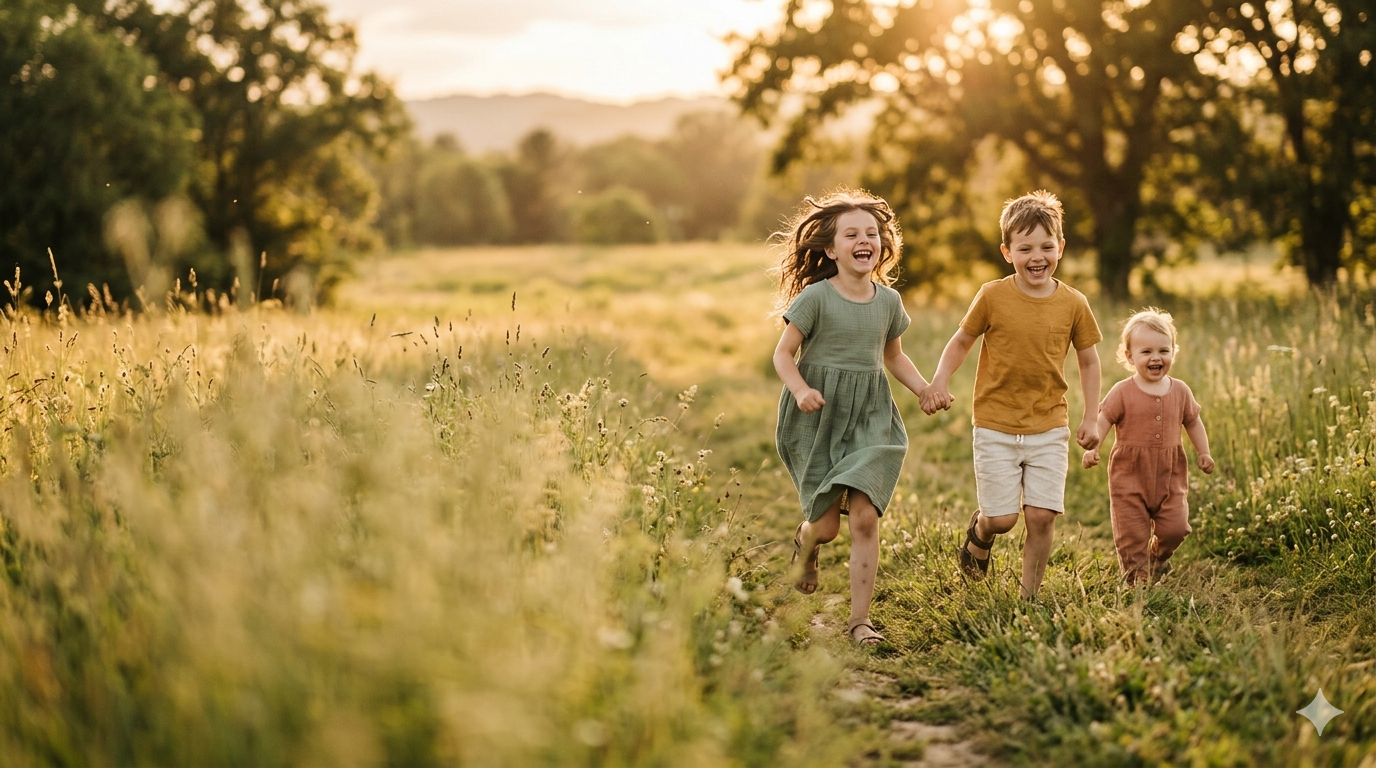 Two children laughing as they run through a sunlit wildflower meadow in soft everyday clothes