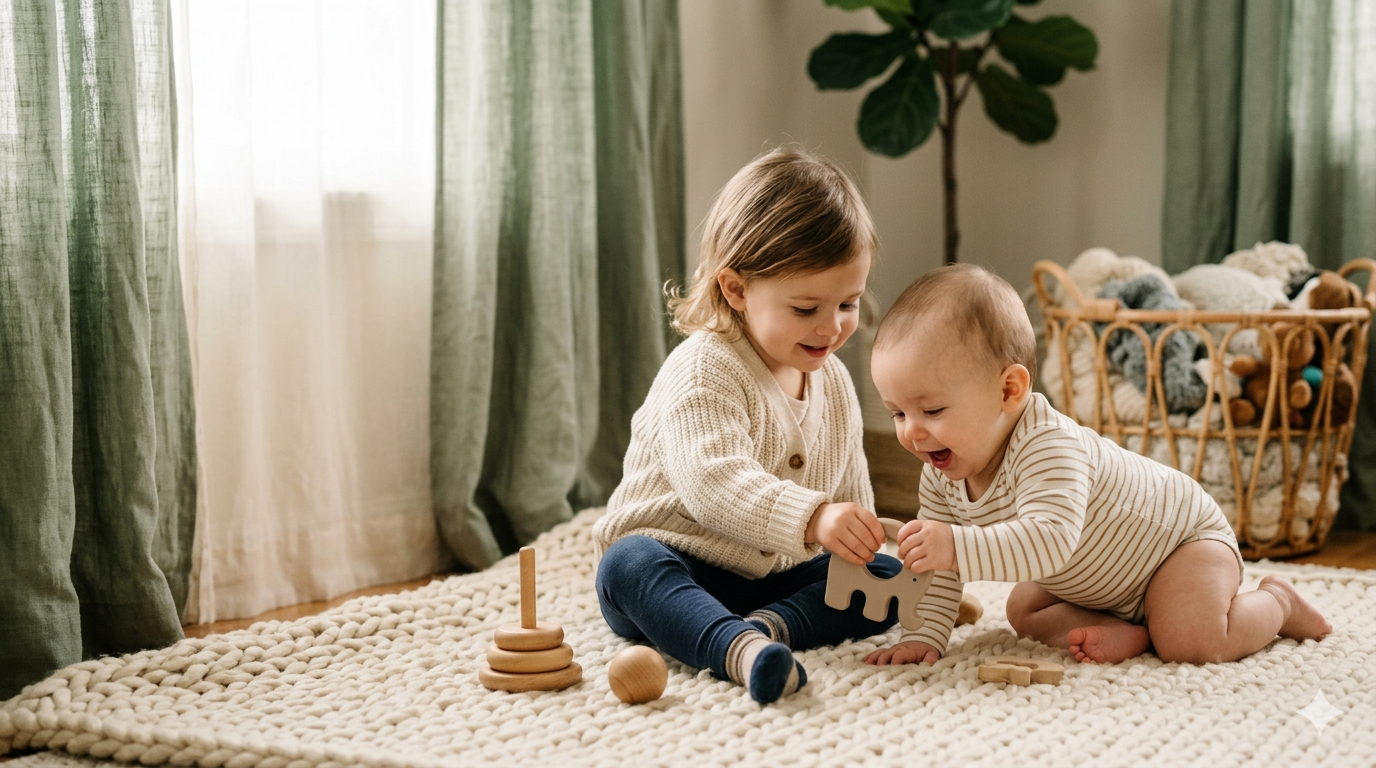 Smiling baby in a soft striped onesie during tummy time on a chunky knit rug in a bright, calm room