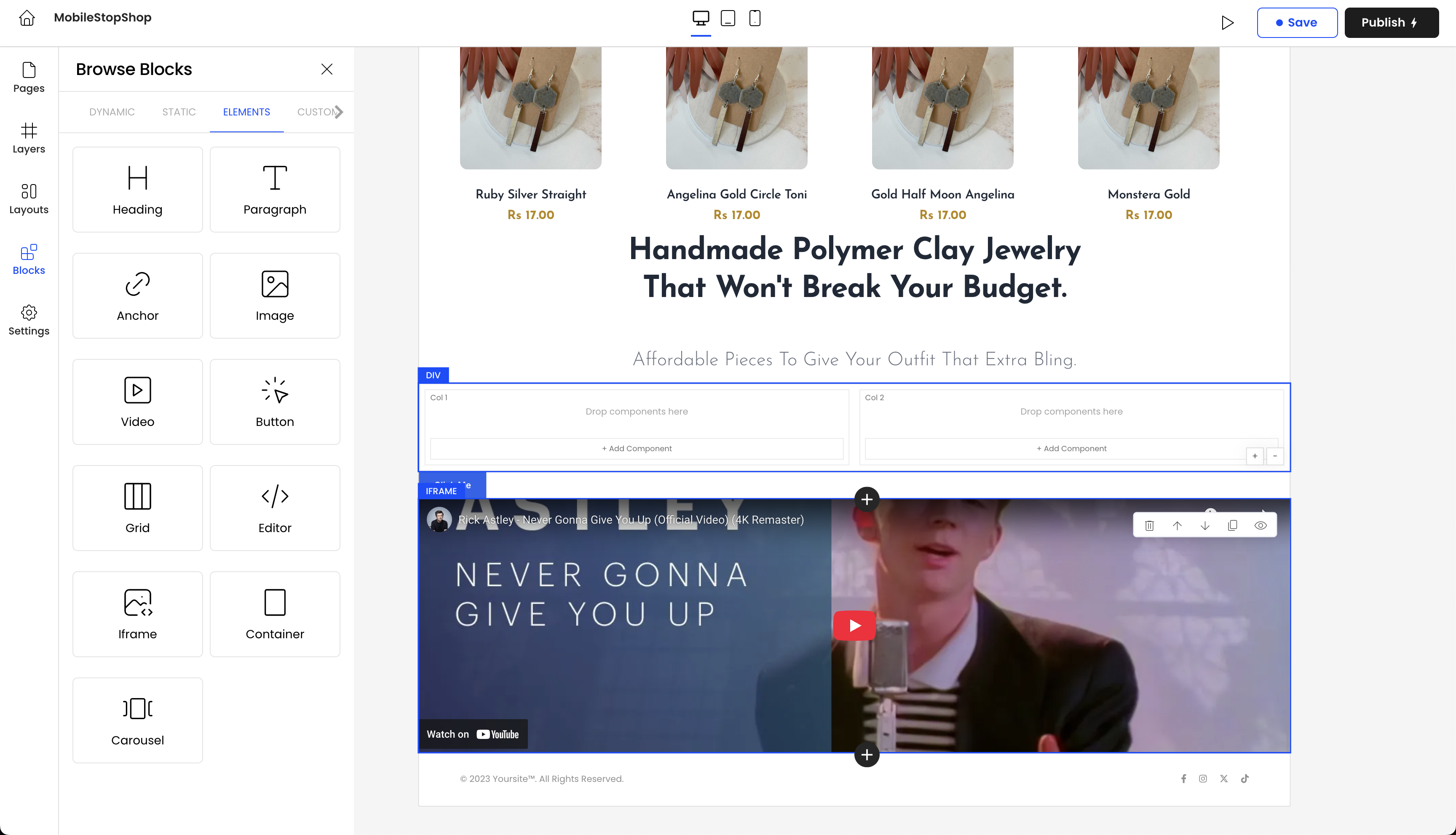 Visual website elements and drag-and-drop builder interface