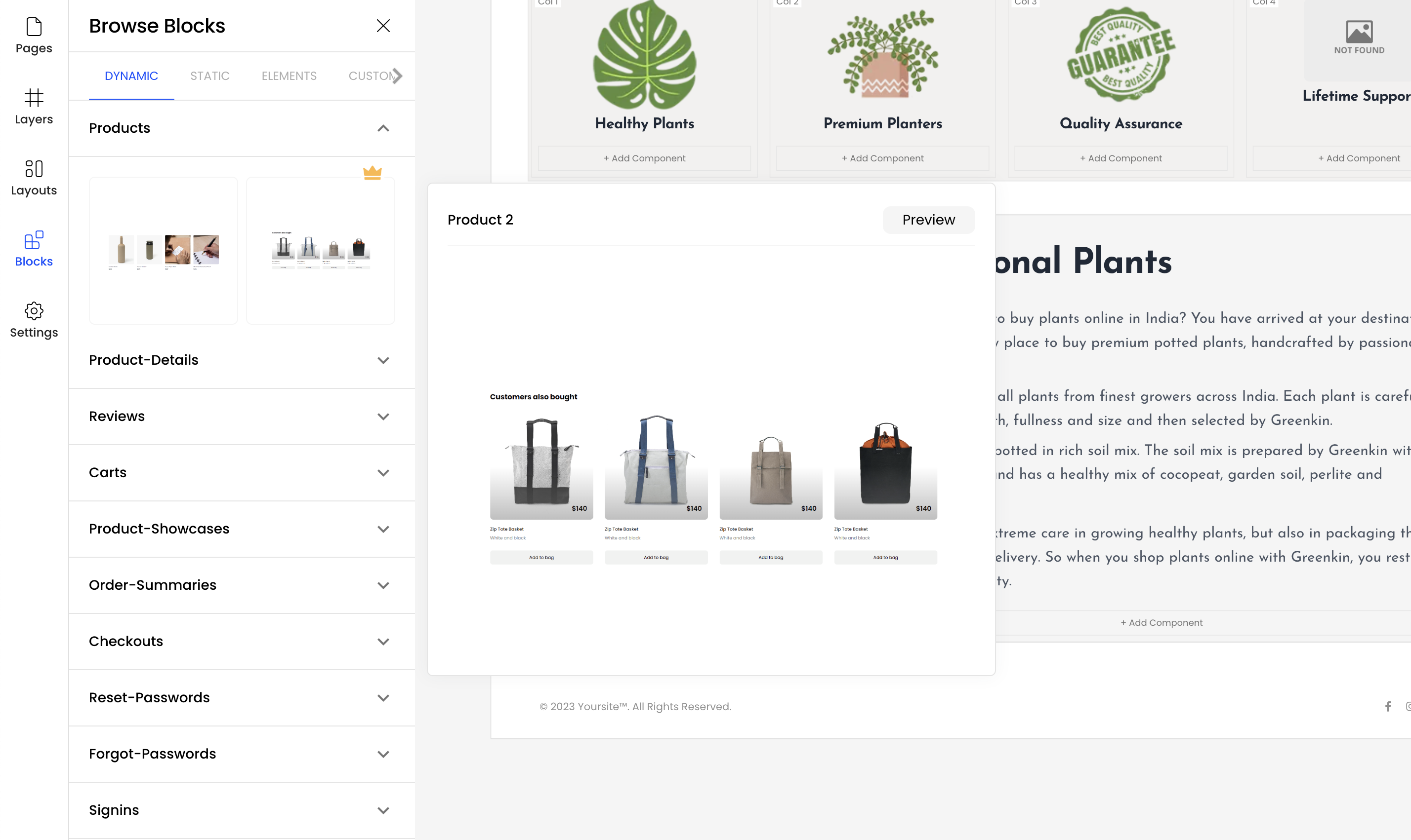 Library of pre-built website building blocks and components