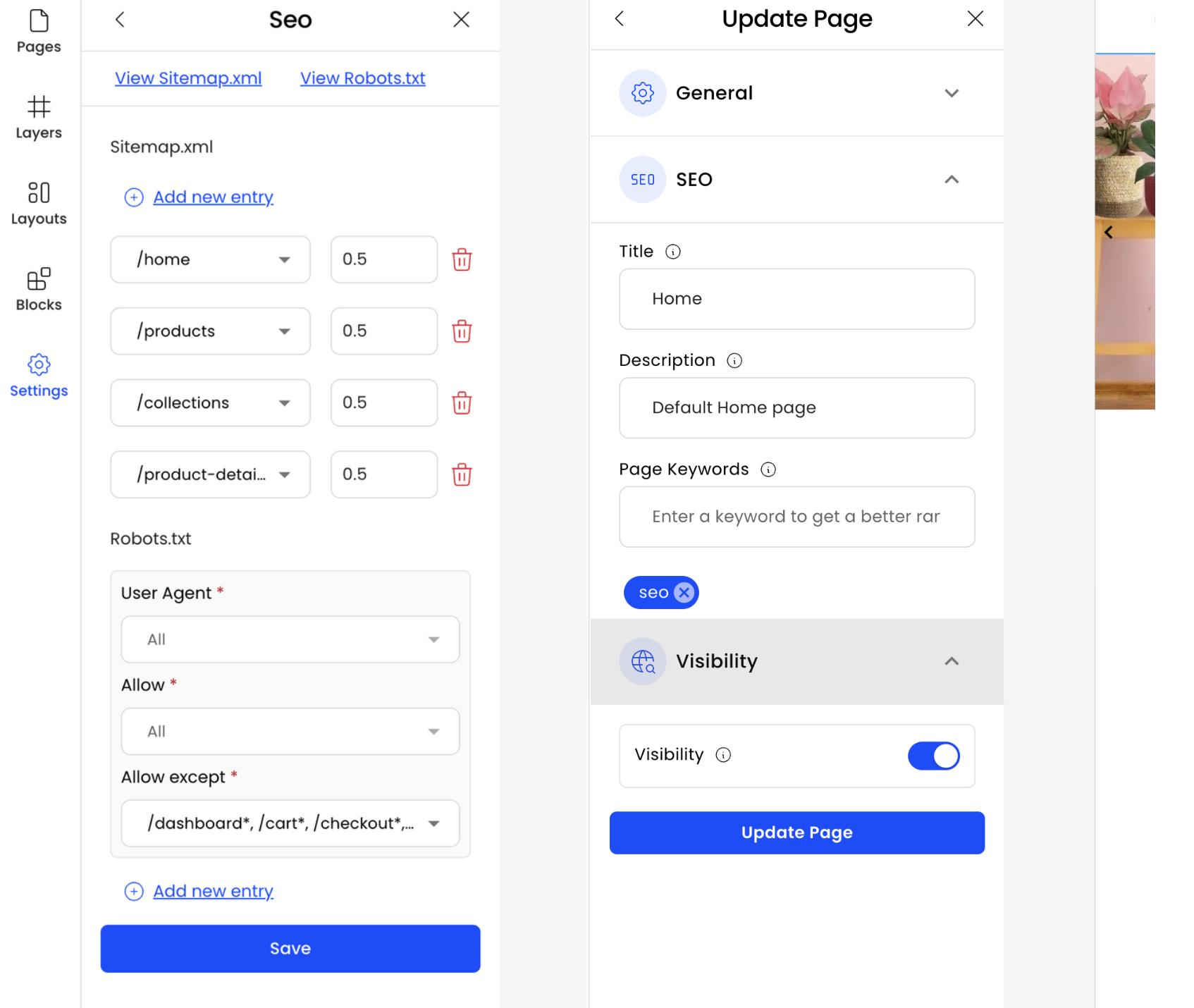 SEO optimization dashboard with meta tags and keywords