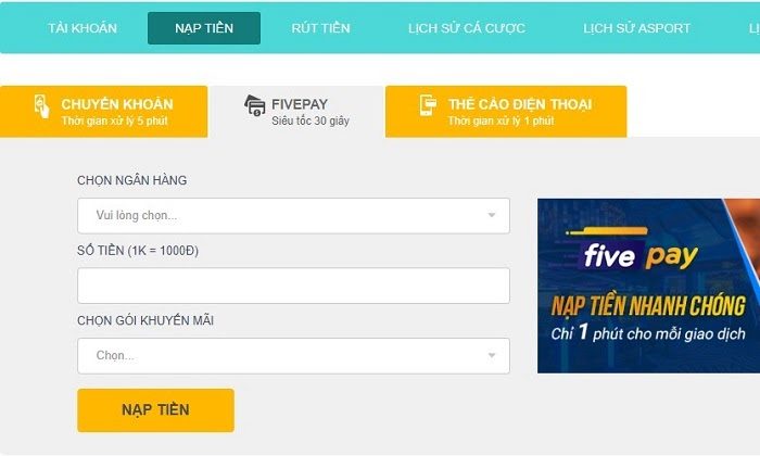Hướng dẫn chi tiết cách Nạp tiền - Rút tiền five88 chính xác nhất