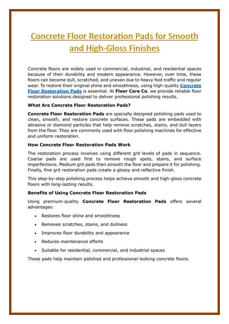 Concrete Floor Restoration Pads for Smooth and High-Gloss Finishes | PDF