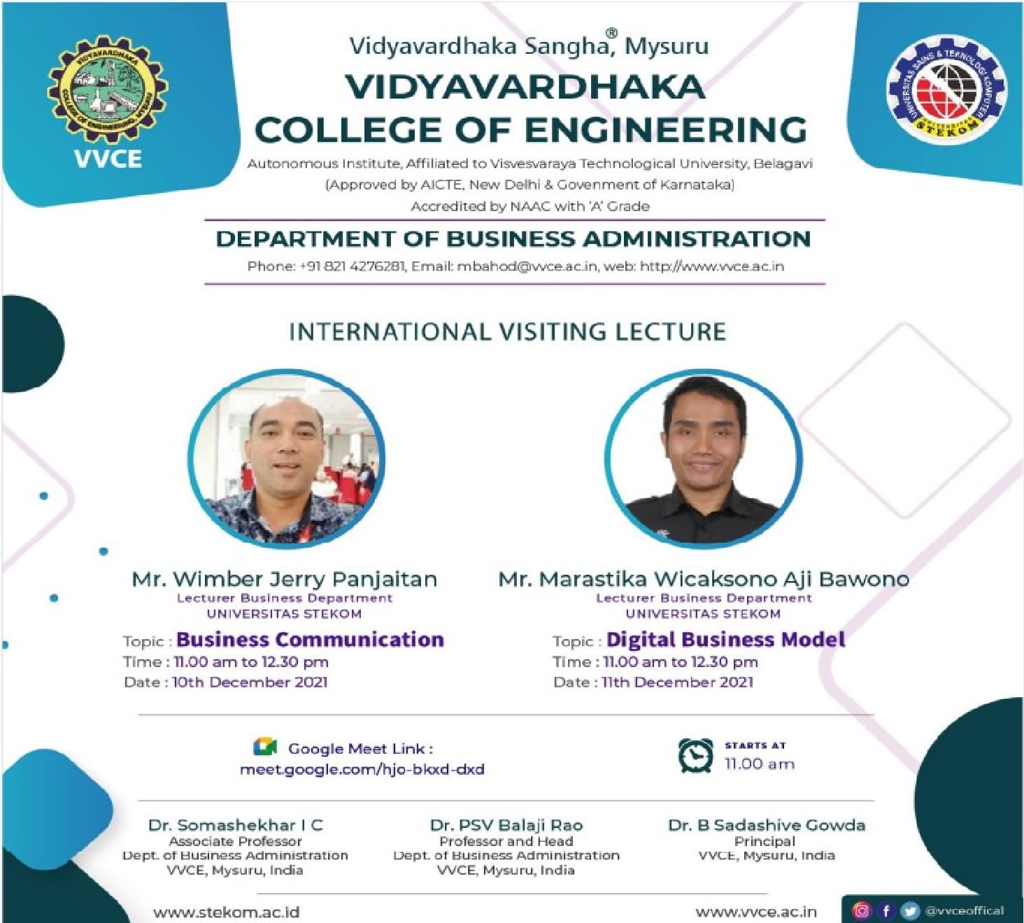Visiting Lecture Business Faculty to Vidyavardhaka College of Engineering (VVCE) India