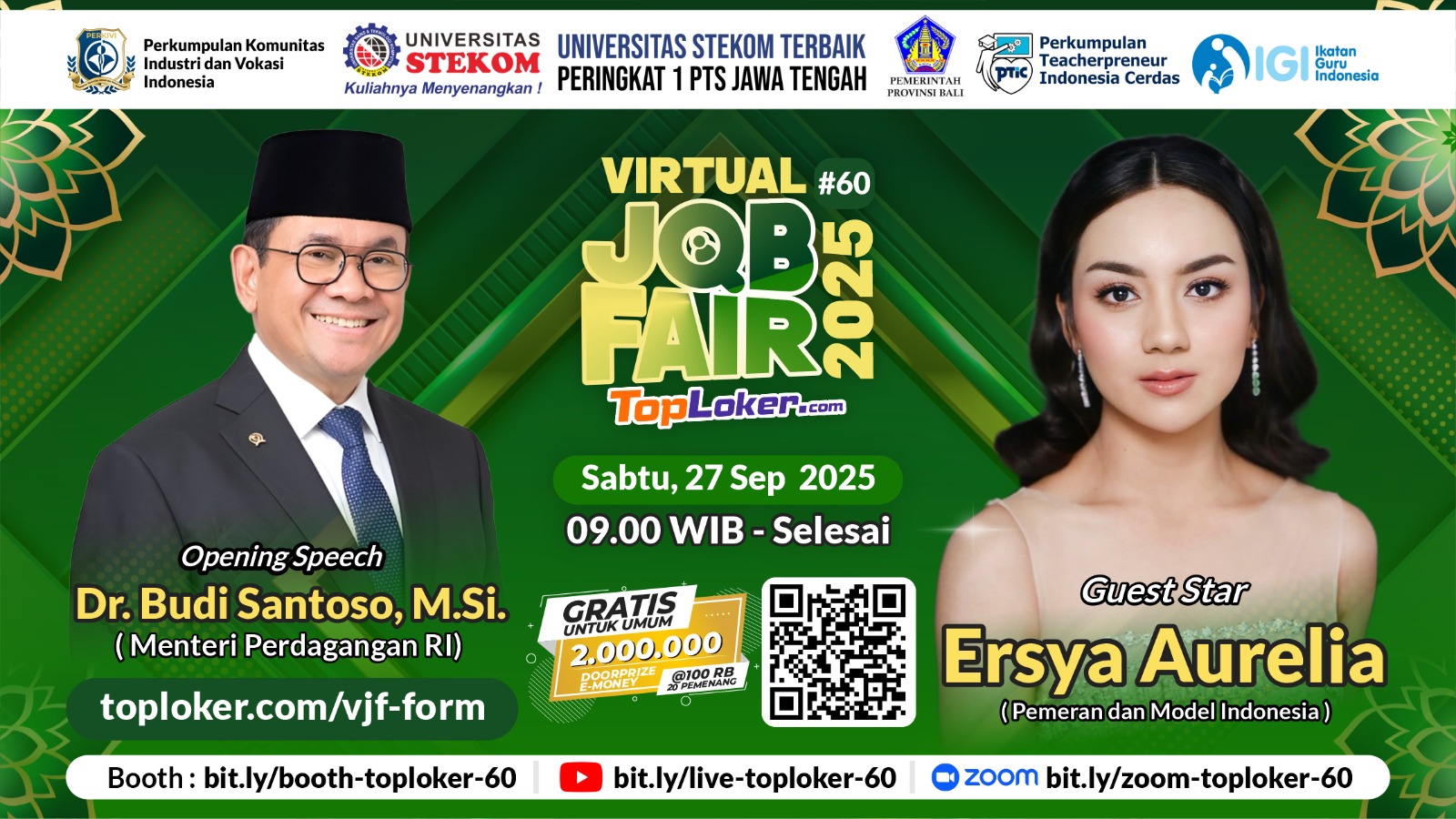 TopLoker.com & Universitas STEKOM Gelar Virtual Job Fair #60 Hadirkan Menteri Perdagangan RI dan Ersya Aurelia