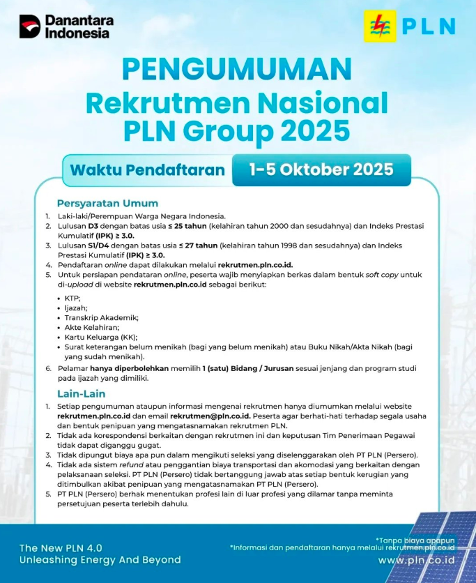 Rekrutmen PLN 2025 Dibuka Mulai 1 Oktober Cek Syarat dan Link Pendaftaran
