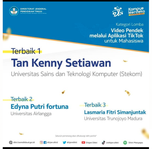 Selamat dan Sukses Mahasiswa Universitas Sains dan Teknologi Komputer Juara Terbaik 1