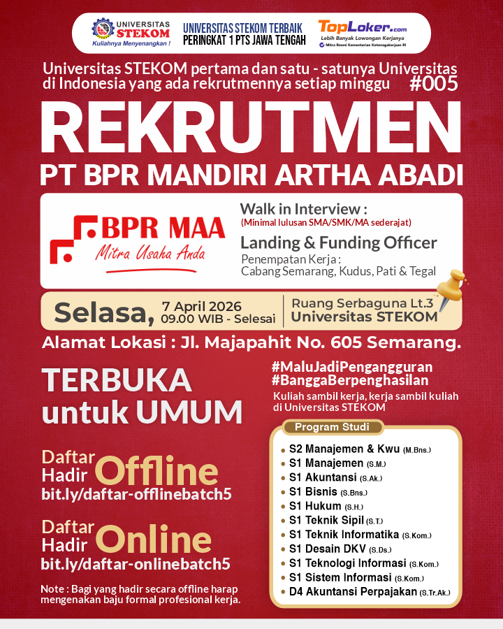 Universitas STEKOM kembali menghadirkan Walk In Interview bersama PT BPR Mandiri Martha Abadi  Saatnya kamu bertemu langsung dengan perusahaan dan buktikan bahwa kamu siap kerja!