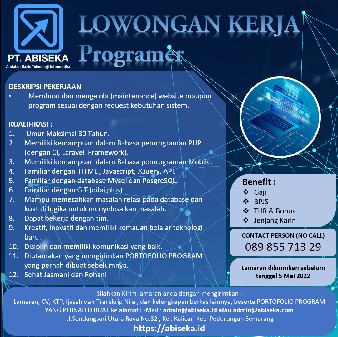 Lowongan Pekerjaan Programer Web Based Application dan Mobile Android