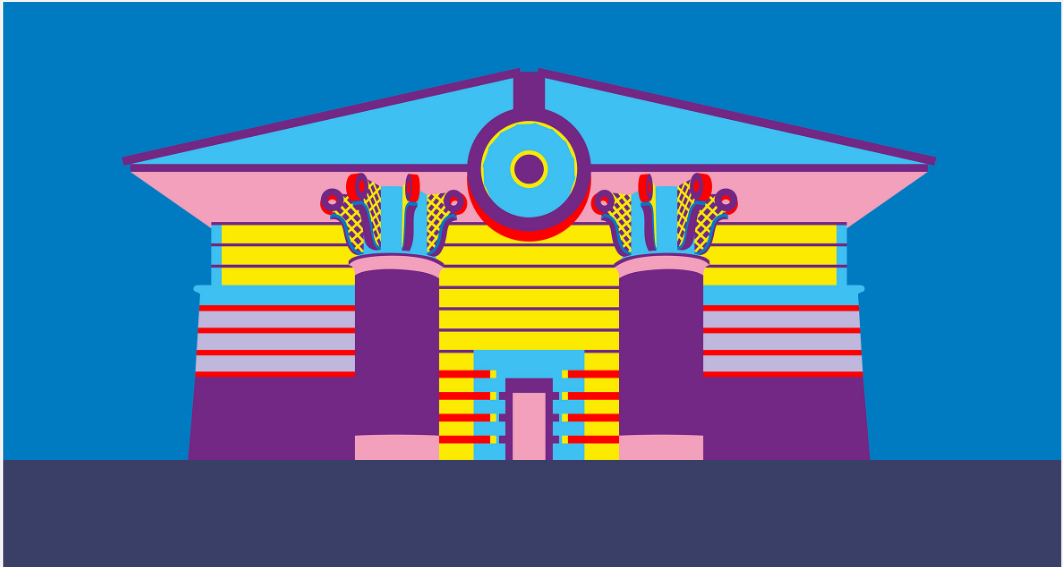 Arsitektur postmodern dirayakan dalam ilustrasi oleh Adam Nathaniel Furman