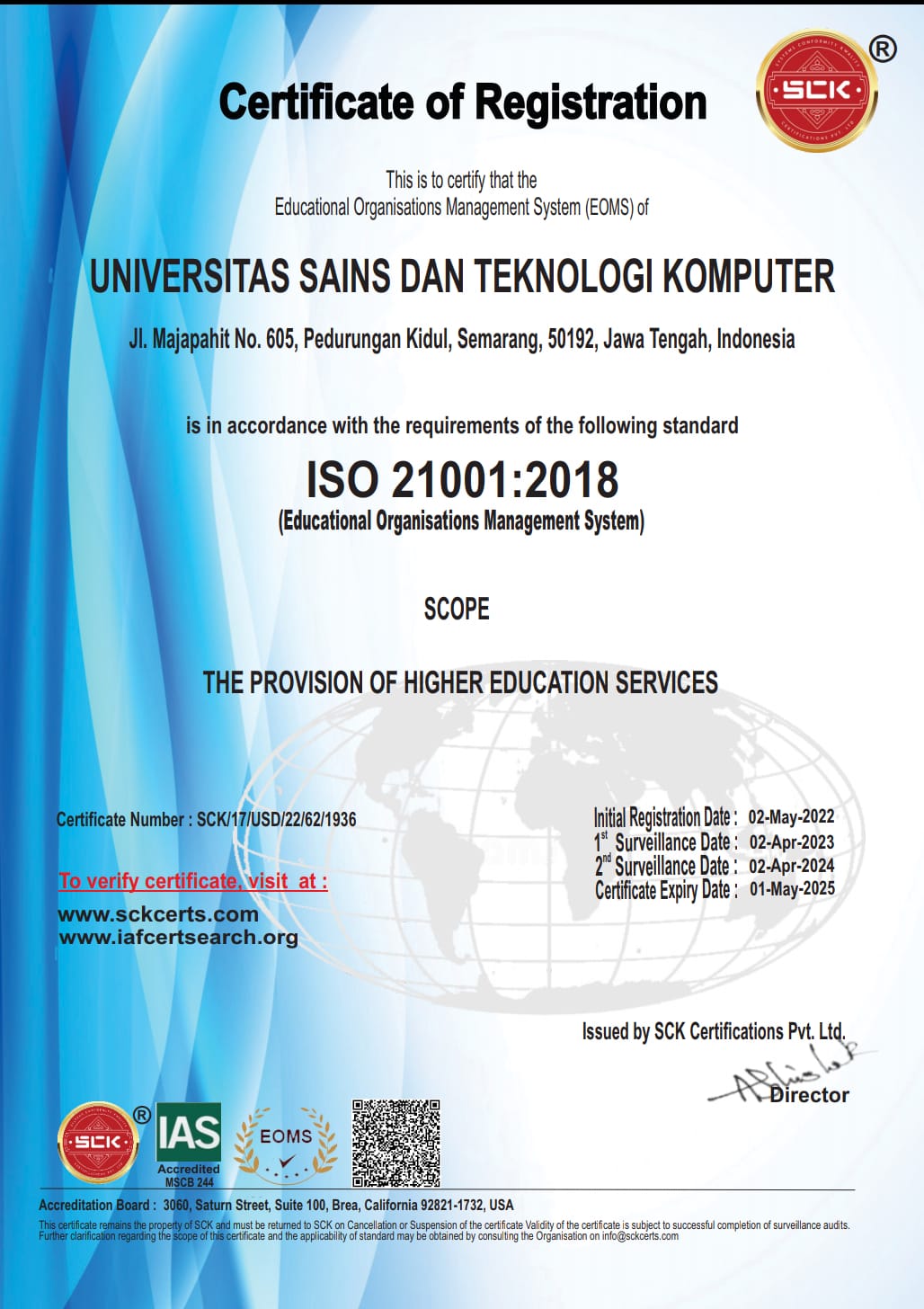 Univ STEKOM telah memperoleh ISO 21001:2018 Sistem Manajemen Organisasi Pendidikan , by IAS(International Accreditation Service)