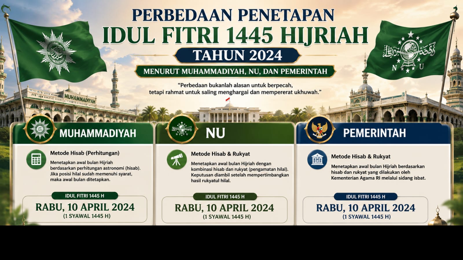 Perbedaan Penetapan Idul Fitri 1445 Hijriah Tahun 2024 Menurut Muhammadiyah NU dan Pemerintah