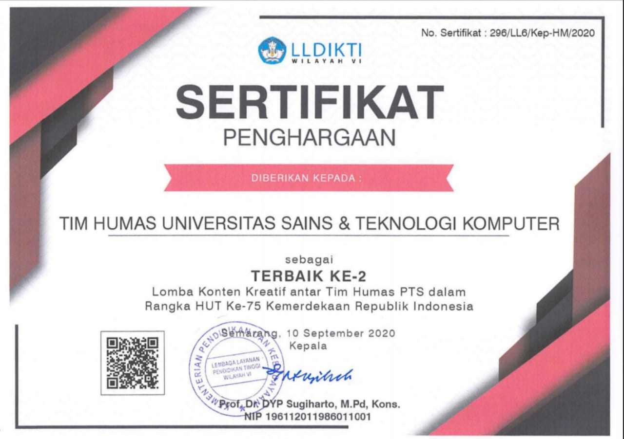 Tim Humas Universitas Sains & Teknologi Komputer meraih juara TERBAIK ke-2 Konten Kreatif