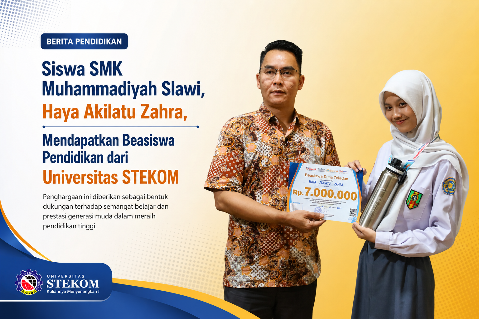 Siswa SMK Muhammadiyah Slawi, Haya Akilatu Zahra, Mendapatkan Beasiswa Pendidikan dari Universitas Stekom