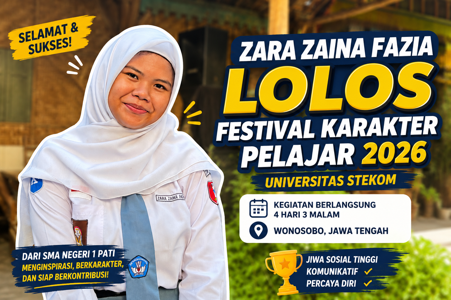 Zara Zaina Fazia Lolos Seleksi Festival Karakter Pelajar 2026, Siap Ikuti Pengembangan Diri di Wonosobo