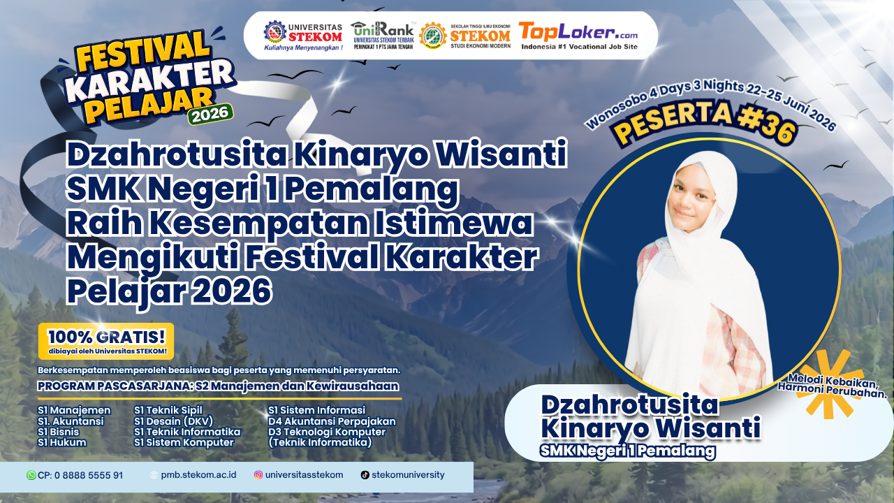 Siswi SMK Negeri 1 Pemalang, Dzahrotusita Kinaryo Wisanti, Raih Kesempatan Istimewa Mengikuti Festival Karakter Pelajar 2026