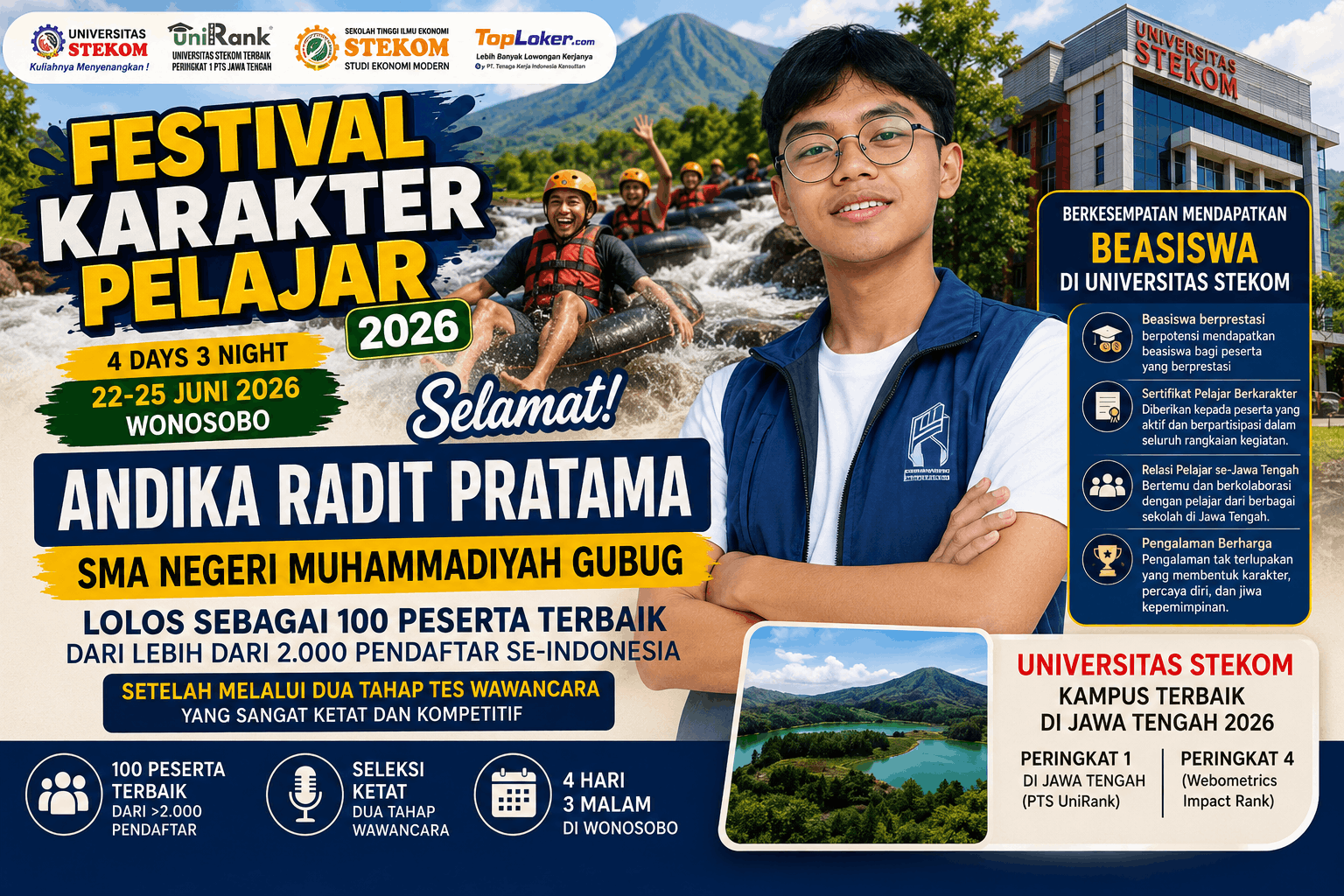 Prestasi Gemilang! Andika Radit Pratama dari SMA Negeri Muhammadiyah Gubug Lolos Festival Karakter Pelajar 2026 Universitas STEKOM