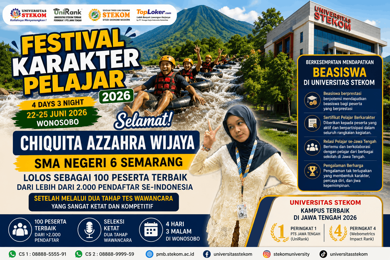 Kebanggaan Kota Semarang, Chiquita Azzahra Wijaya dari SMA Negeri 6 Semarang Lolos Festival Karakter Pelajar 2026 Universitas STEKOM