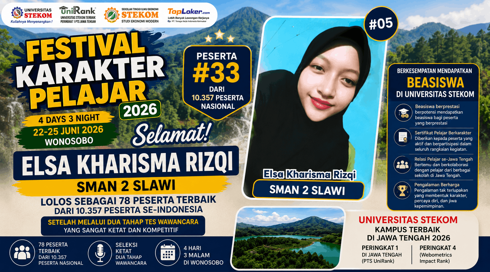Gemilang dari Tegal, Elsa Kharisma Rizqi dari SMAN 2 Slawi Sukses Menjadi Bagian 100 Pelajar Terbaik Festival Karakter Pelajar 2026 Universitas STEKOM