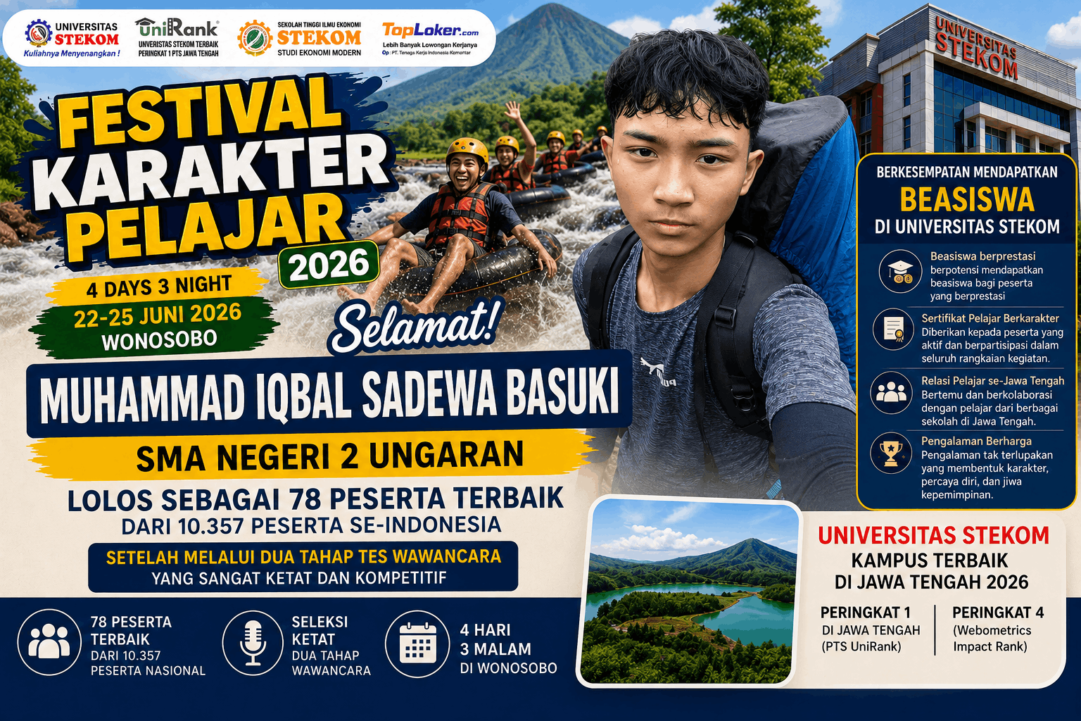 Tembus Seleksi Nasional, Muhammad Iqbal Sadewa Basuki dari SMA Negeri 2 Ungaran Siap Mengukir Pengalaman Berharga di Festival Karakter Pelajar 2026 Universitas STEKOM