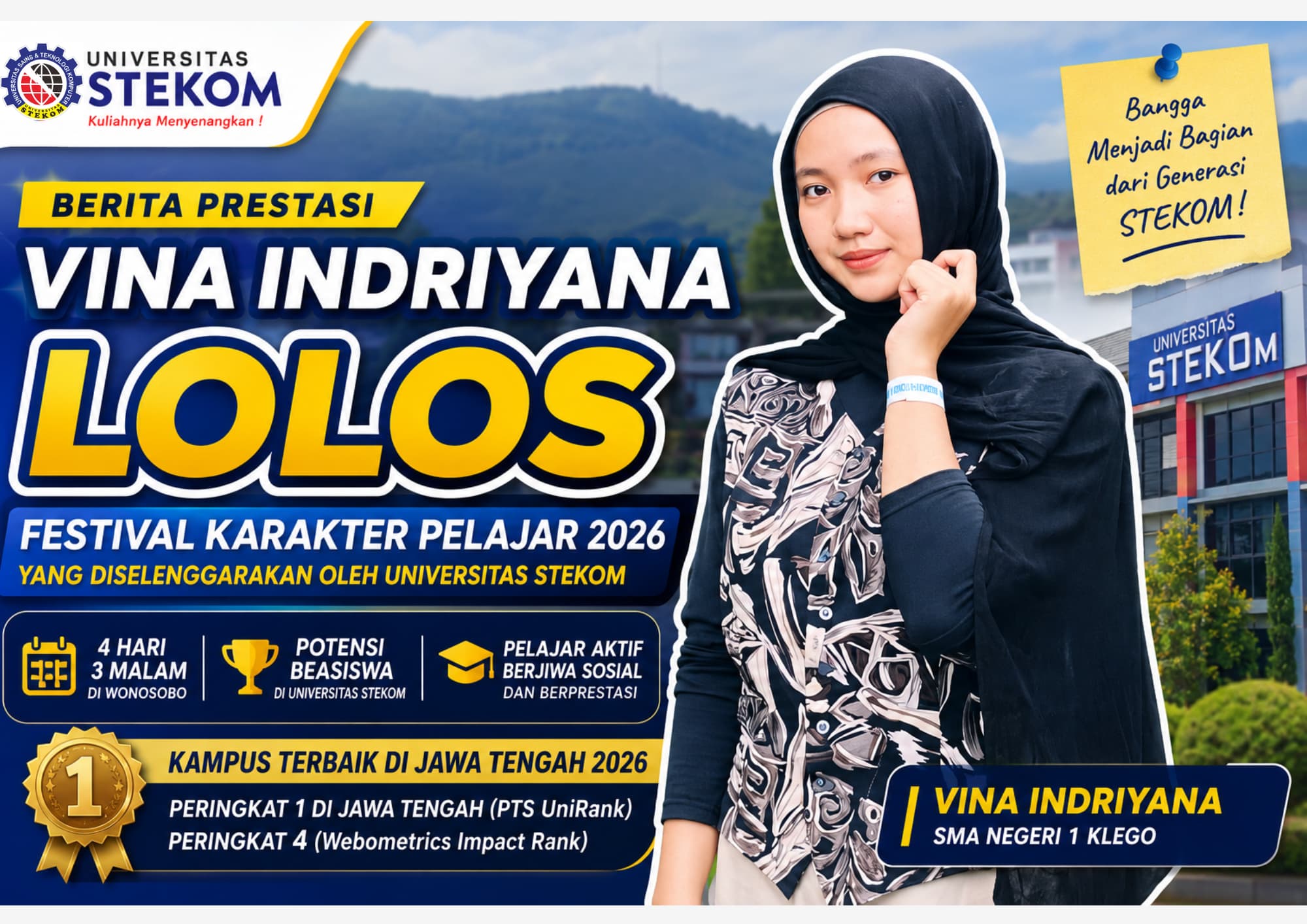 Vina Indriyana Lolos Festival Karakter Pelajar 2026 dan Berpeluang Raih Beasiswa Universitas STEKOM
