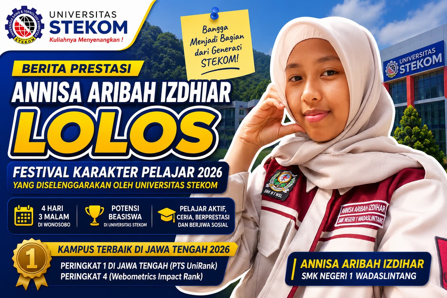 Annisa Aribah Izdihar Lolos Festival Karakter Pelajar 2026 dan Berpeluang Raih Beasiswa Universitas STEKOM
