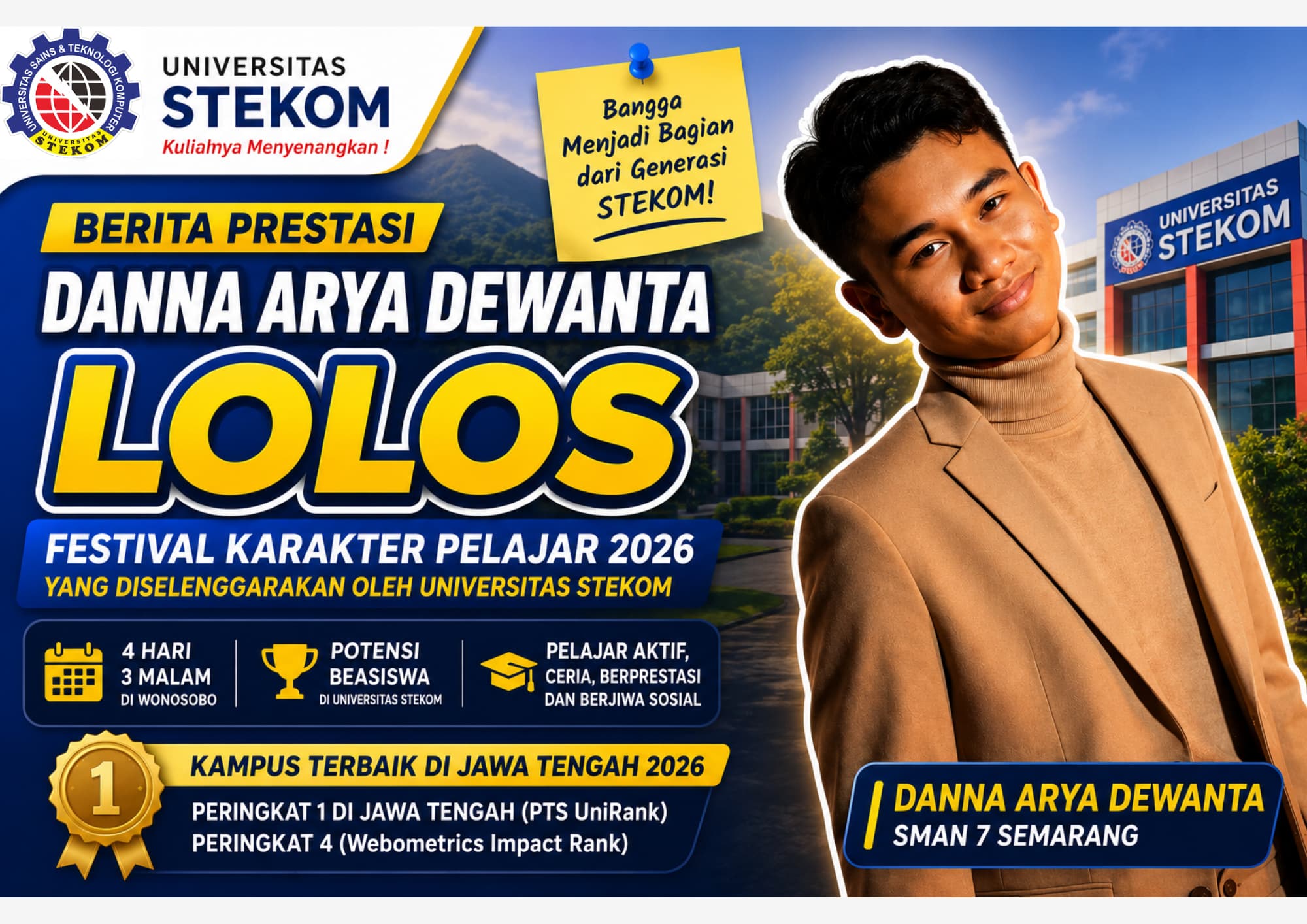 Danna Arya Dewanta Lolos Festival Karakter Pelajar 2026 dan Berpeluang Raih Beasiswa Universitas STEKOM