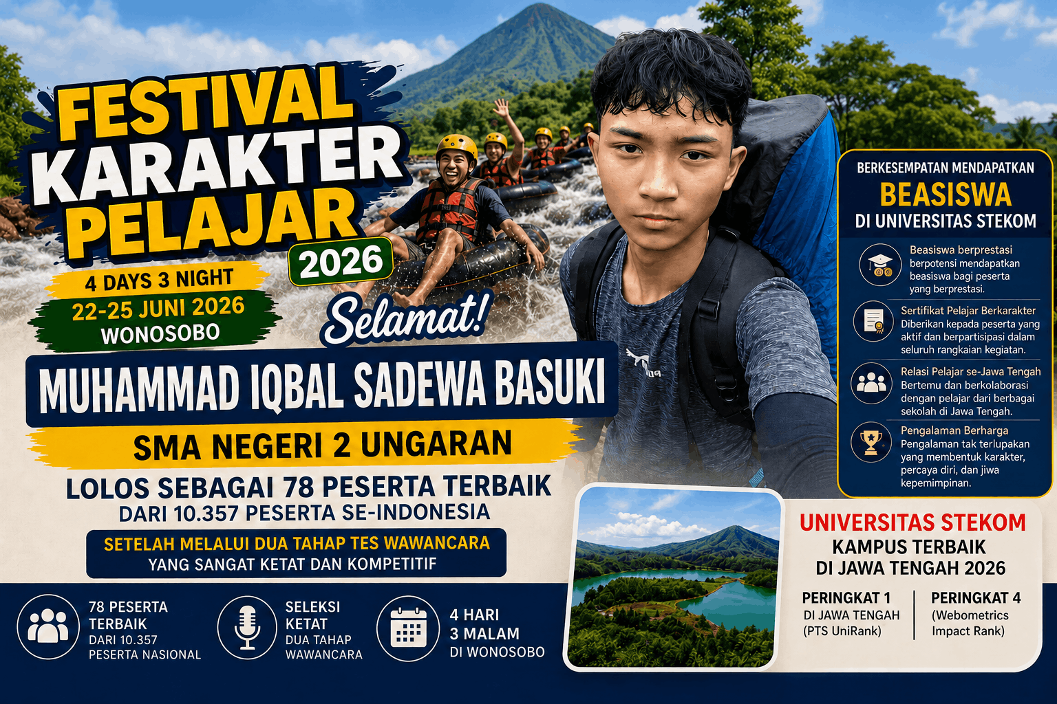 Tembus Seleksi Nasional, Muhammad Iqbal Sadewa Basuki dari SMA Negeri 2 Ungaran Siap Mengukir Pengalaman Berharga di Festival Karakter Pelajar 2026 Universitas STEKOM